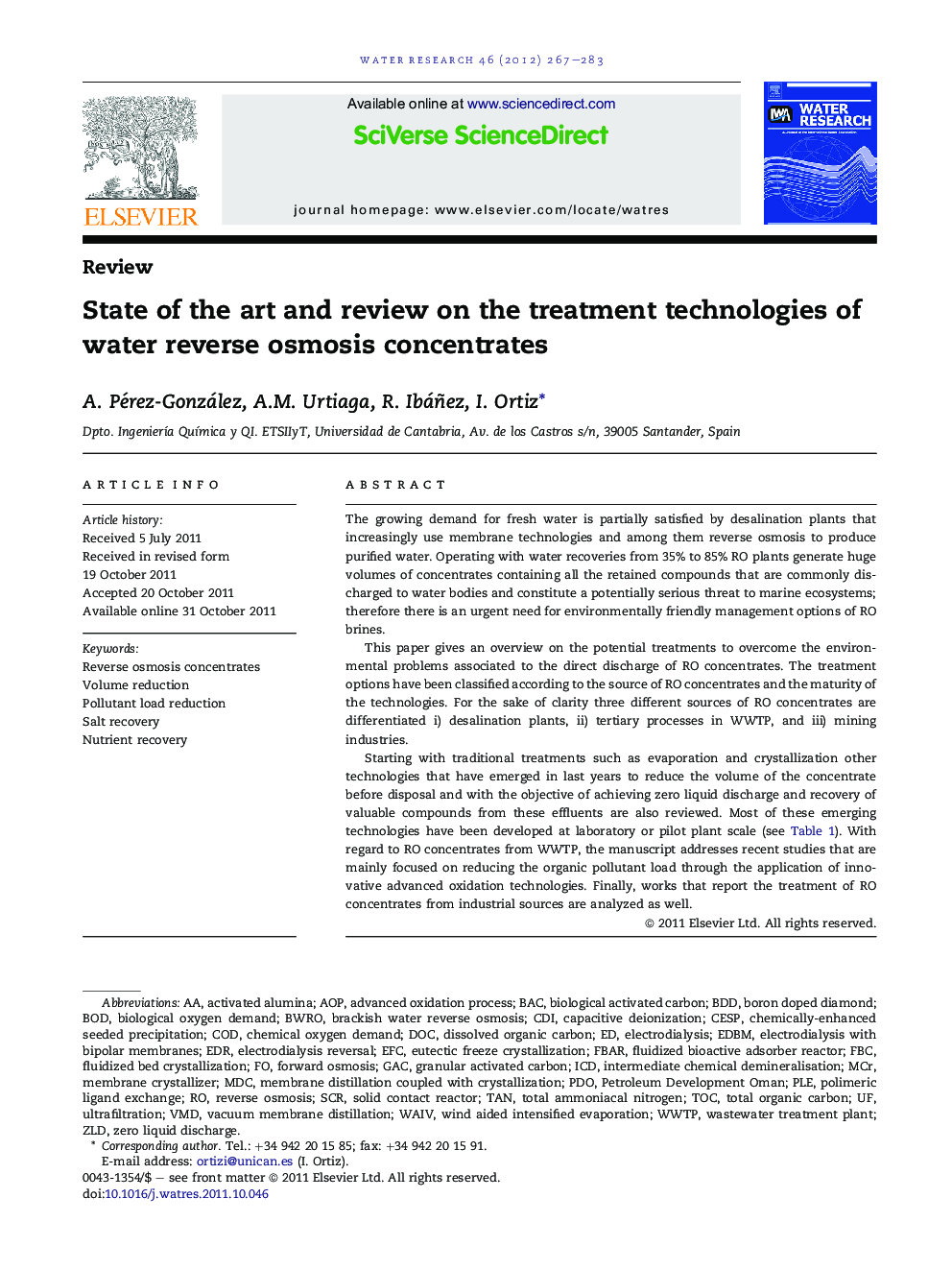 State of the art and review on the treatment technologies of water reverse osmosis concentrates