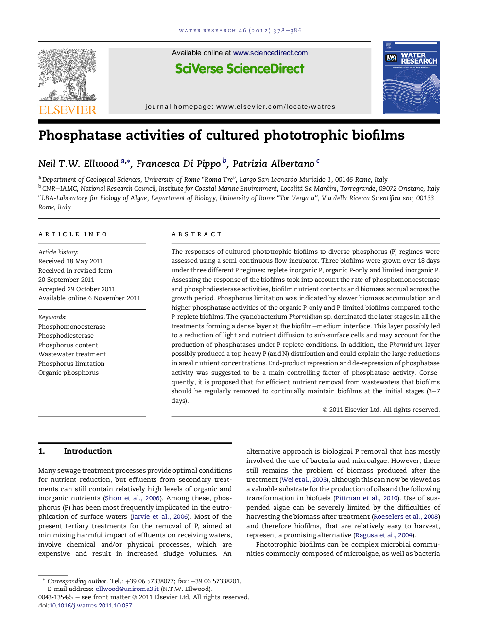 Phosphatase activities of cultured phototrophic biofilms