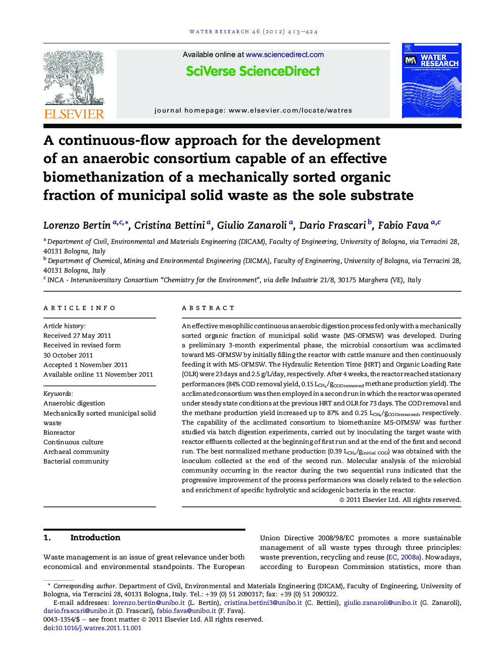 A continuous-flow approach for the development of an anaerobic consortium capable of an effective biomethanization of a mechanically sorted organic fraction of municipal solid waste as the sole substrate