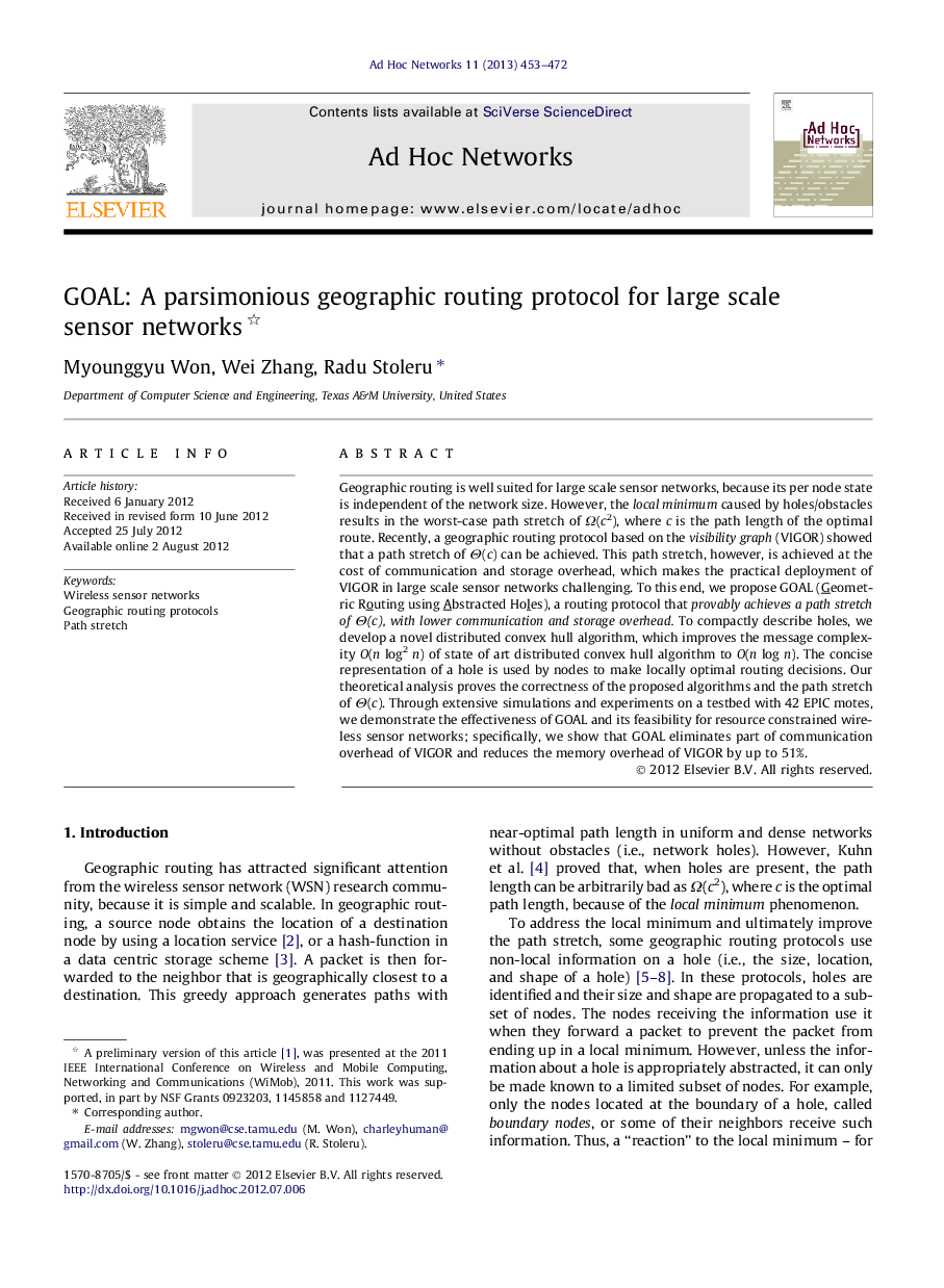 GOAL: A parsimonious geographic routing protocol for large scale sensor networks 