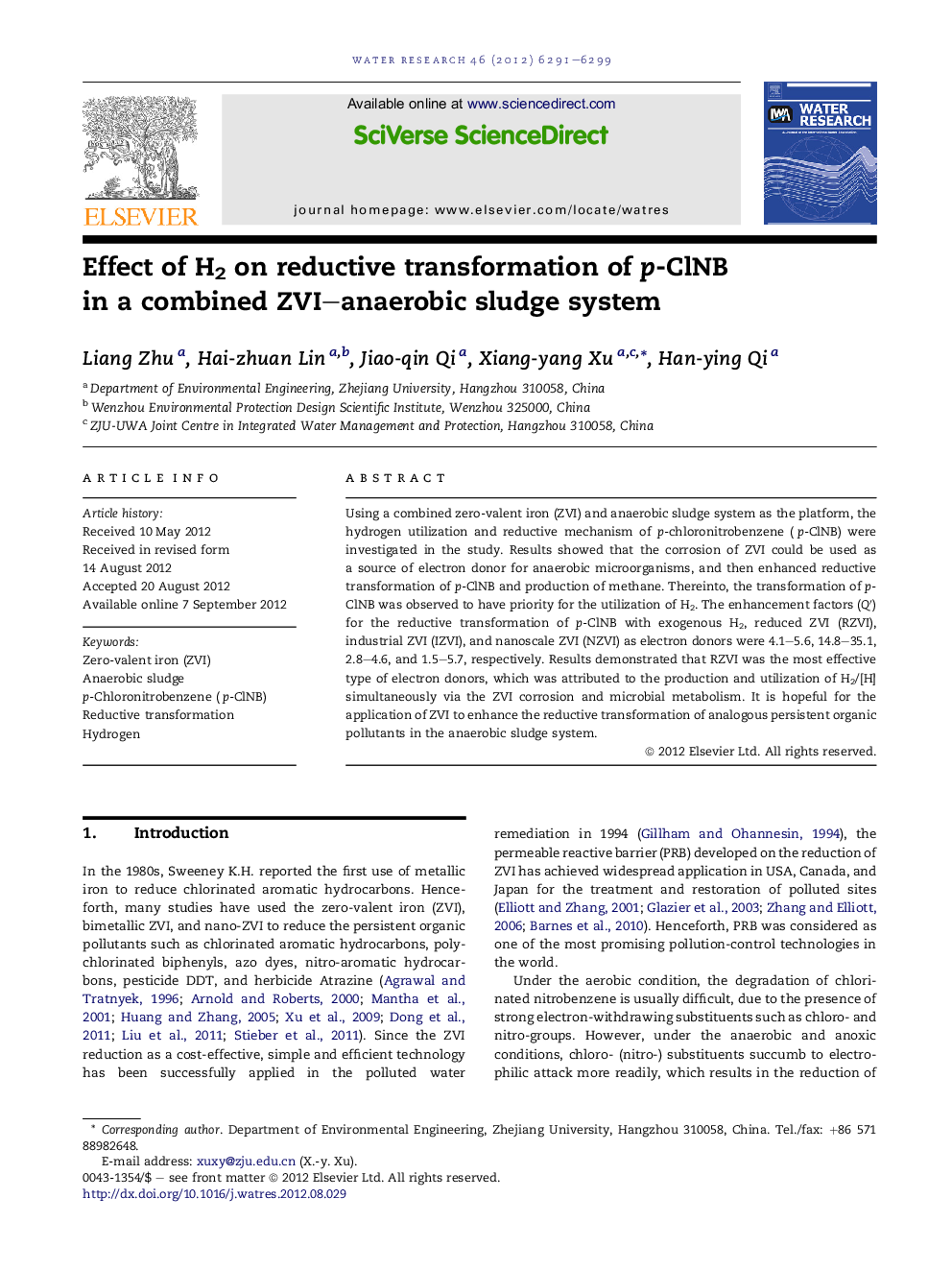 عکس صفحه اول مقاله: Effect of H2 on reductive transformation of p-ClNB in a combined ZVI–anaerobic sludge system Effect of H2 on reductive transformation of p-ClNB in a combined ZVI–anaerobic sludge system