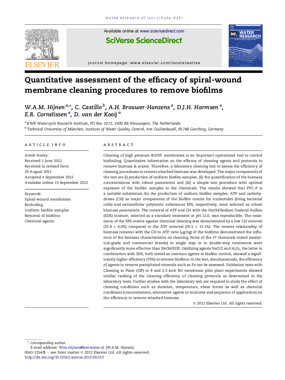 Quantitative assessment of the efficacy of spiral-wound membrane cleaning procedures to remove biofilms