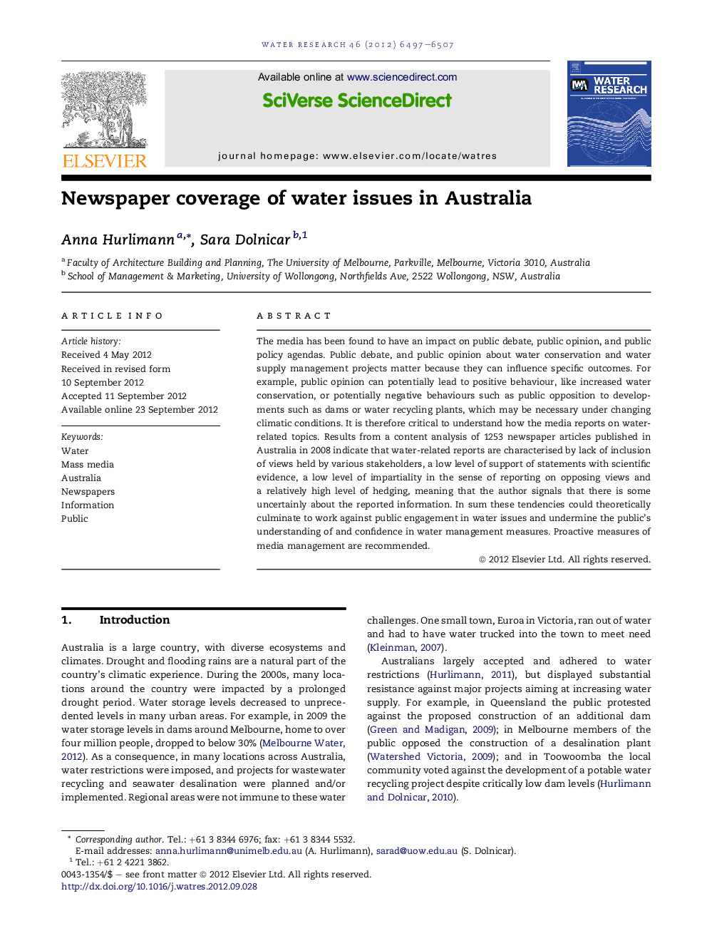 Newspaper coverage of water issues in Australia