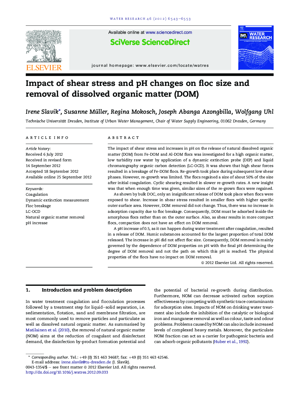 Impact of shear stress and pH changes on floc size and removal of dissolved organic matter (DOM)