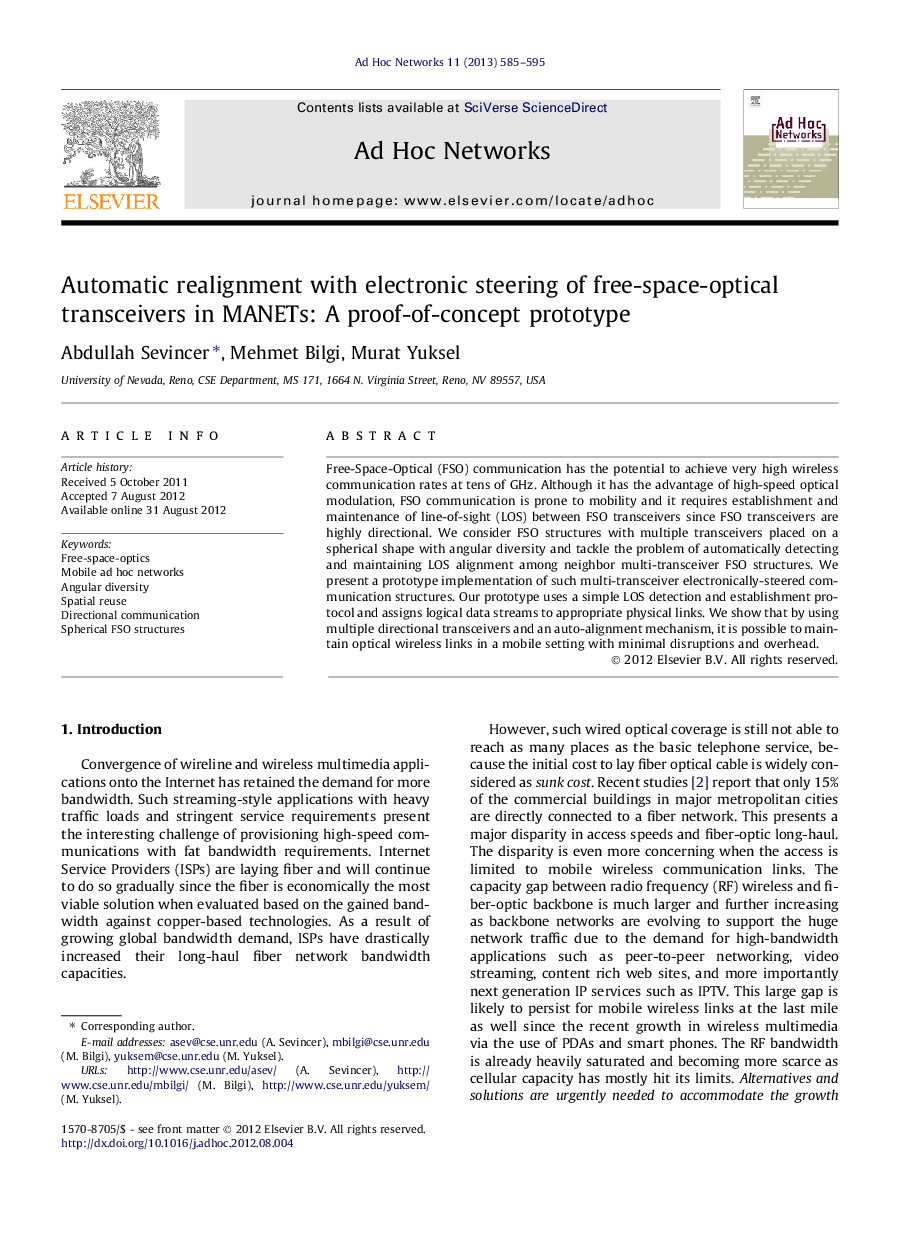 Automatic realignment with electronic steering of free-space-optical transceivers in MANETs: A proof-of-concept prototype