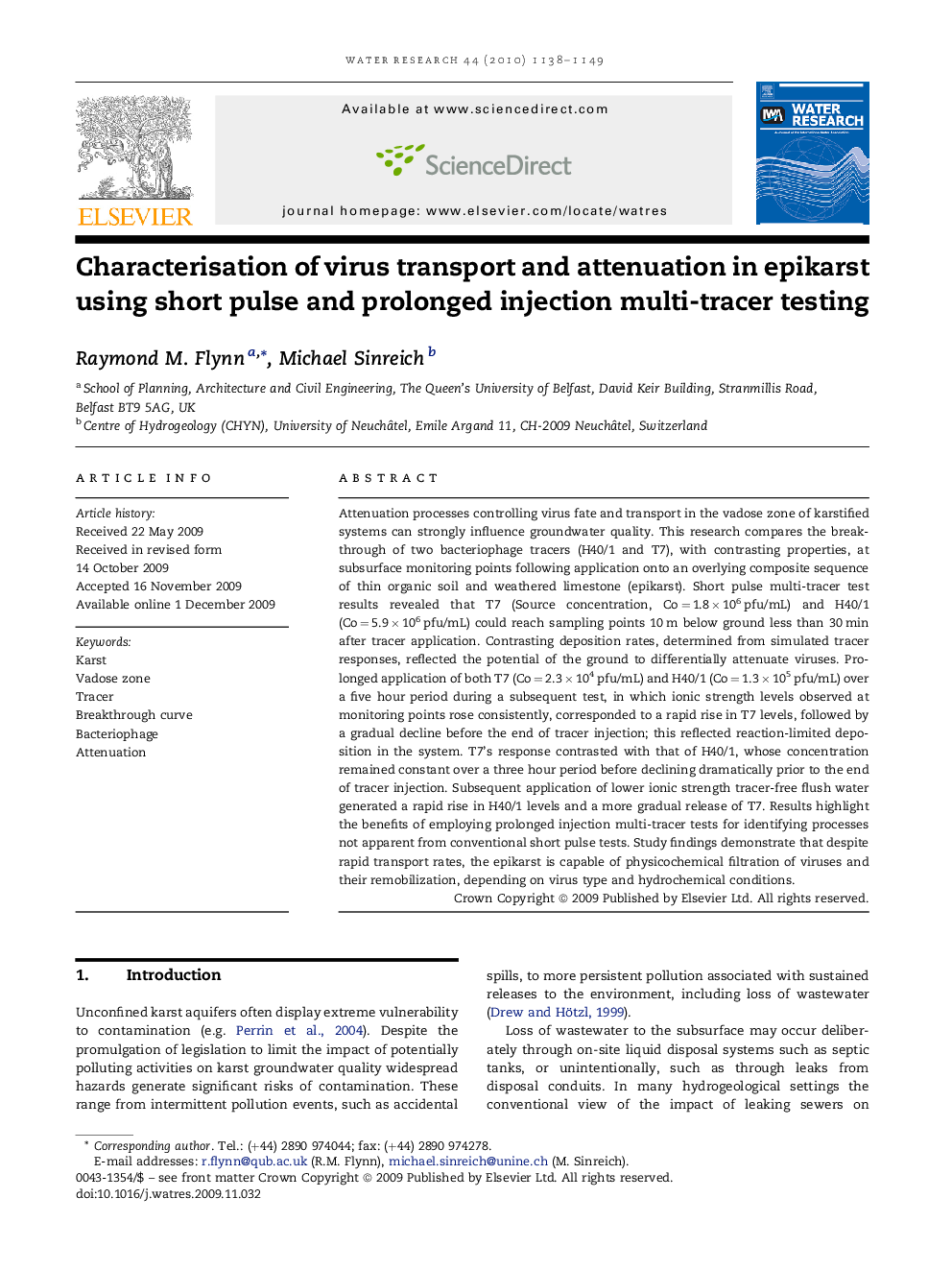 Characterisation of virus transport and attenuation in epikarst using short pulse and prolonged injection multi-tracer testing