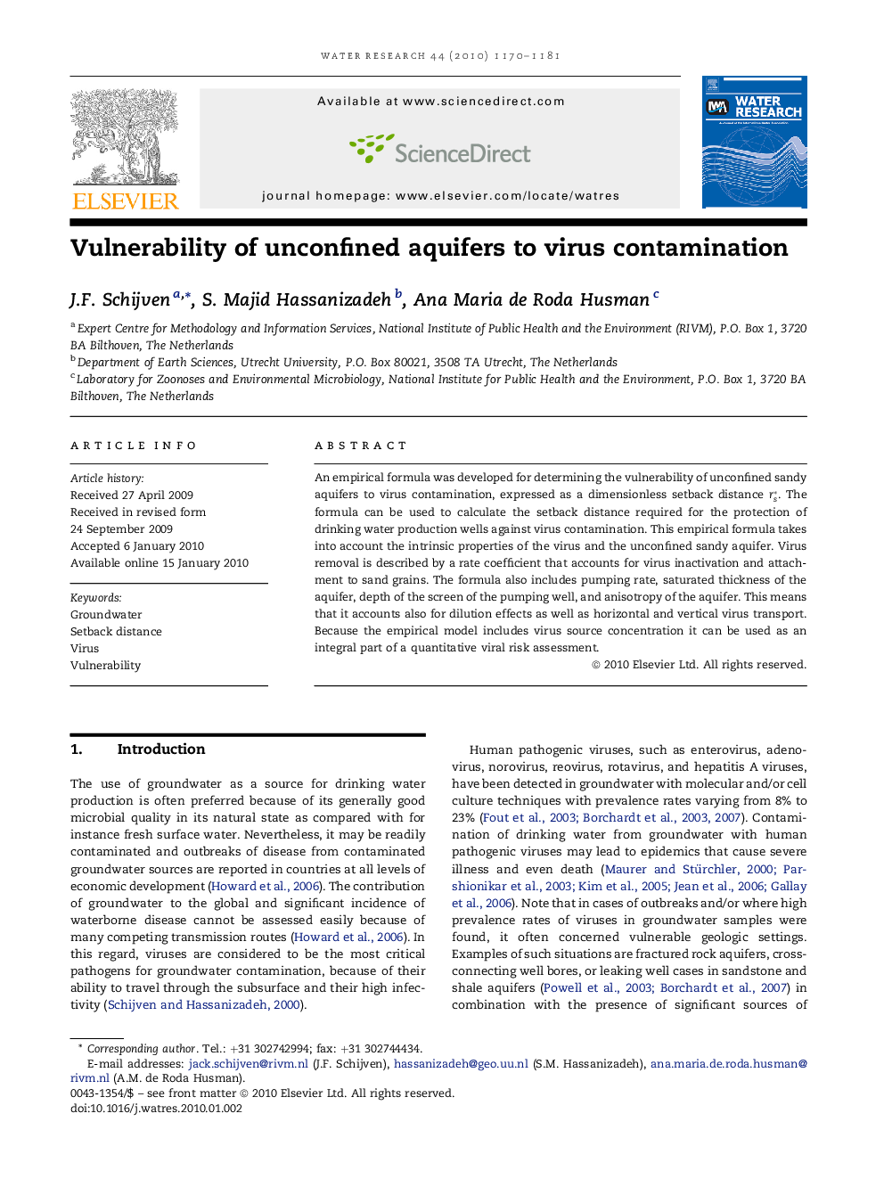 Vulnerability of unconfined aquifers to virus contamination