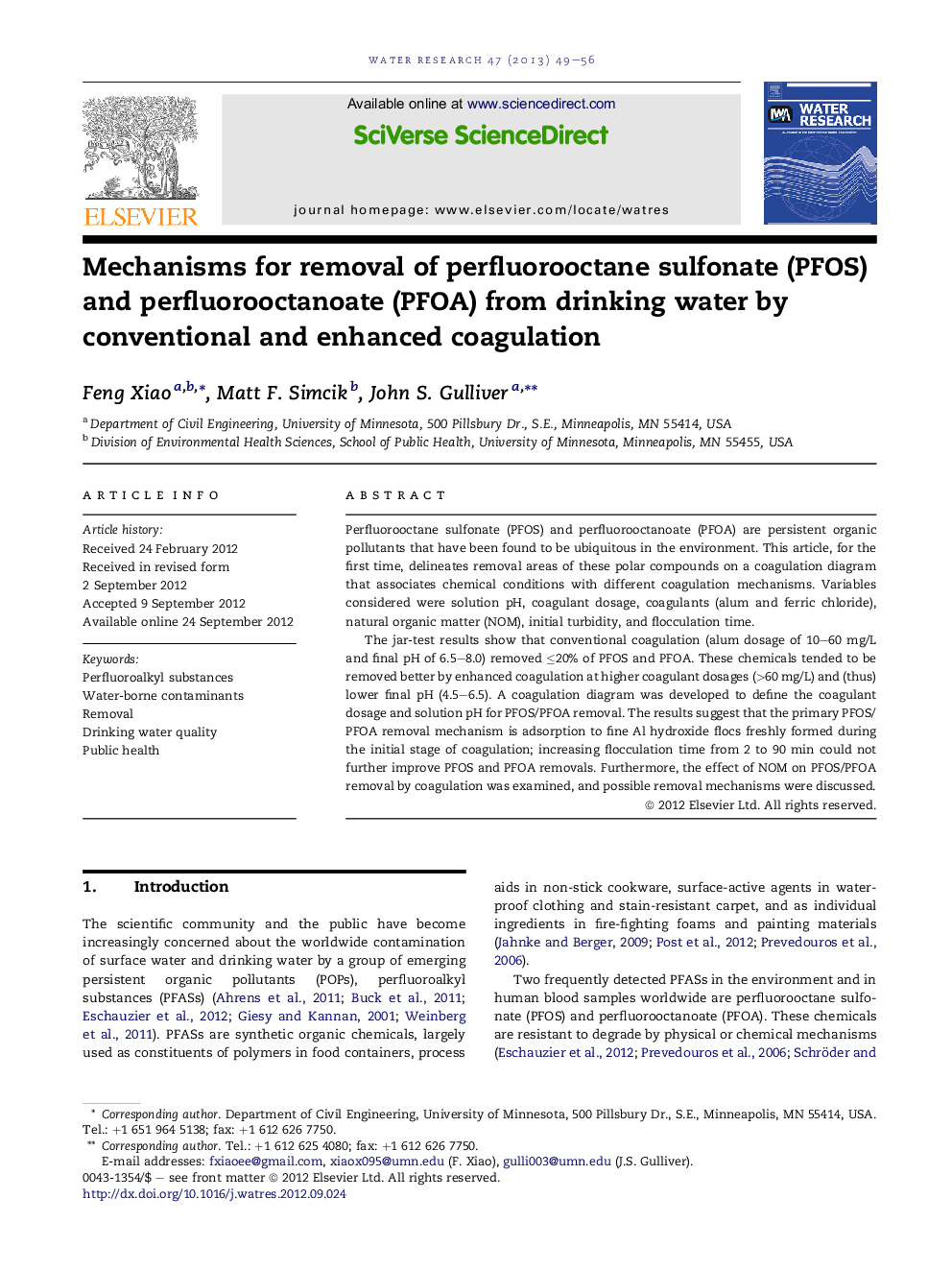 Mechanisms for removal of perfluorooctane sulfonate (PFOS) and perfluorooctanoate (PFOA) from drinking water by conventional and enhanced coagulation