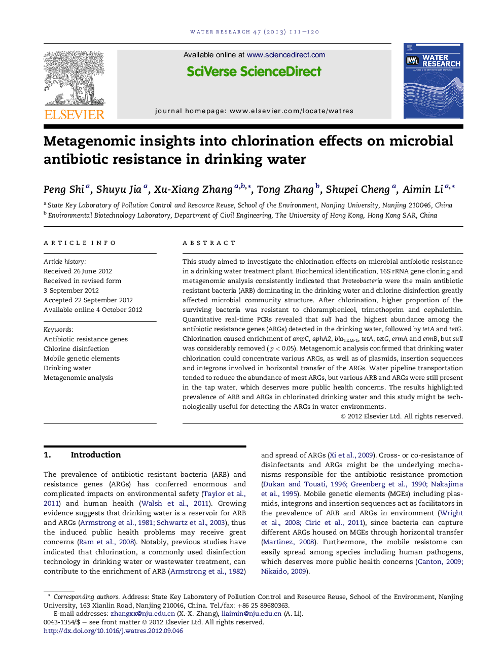 Metagenomic insights into chlorination effects on microbial antibiotic resistance in drinking water