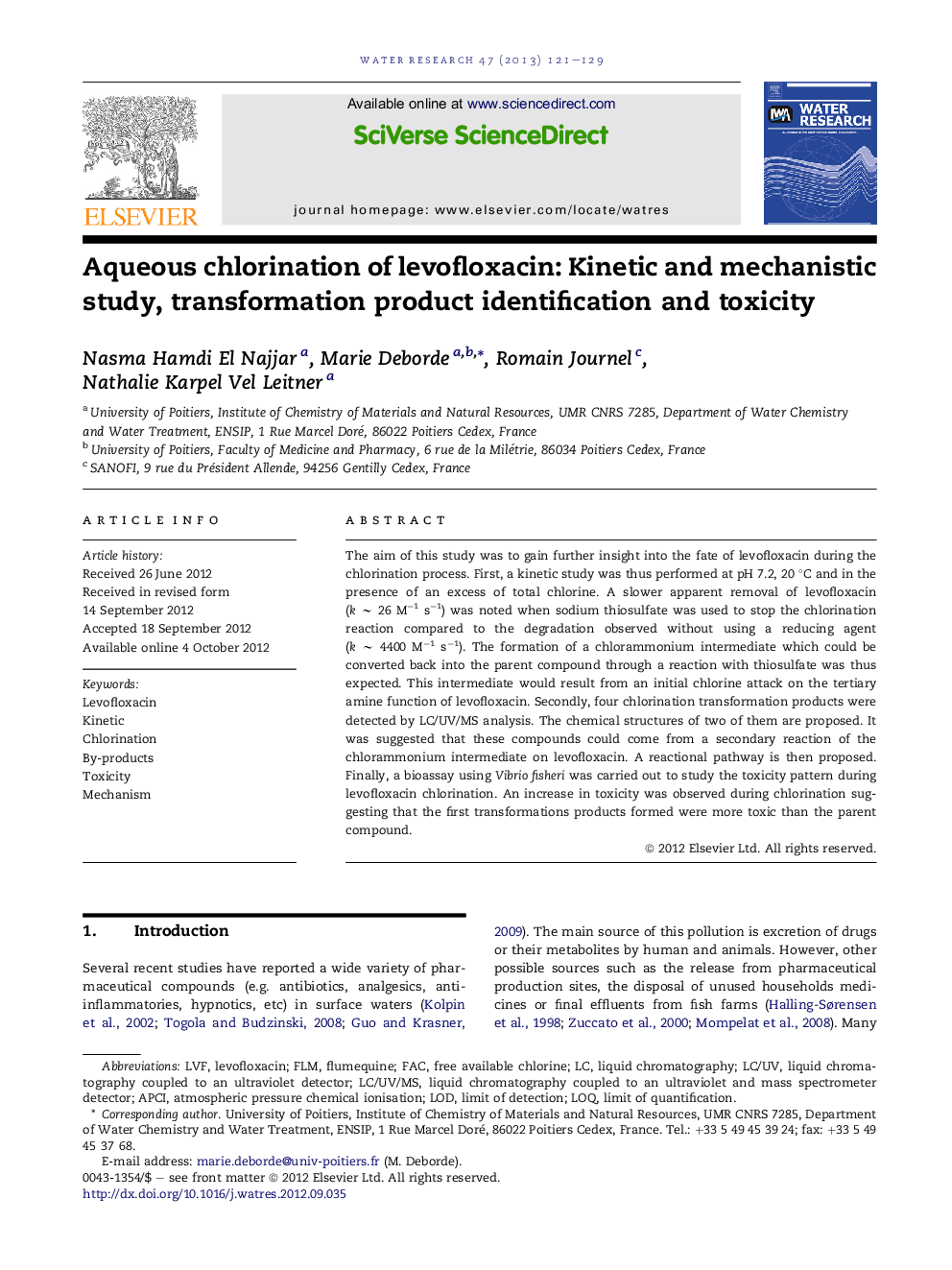 Aqueous chlorination of levofloxacin: Kinetic and mechanistic study, transformation product identification and toxicity