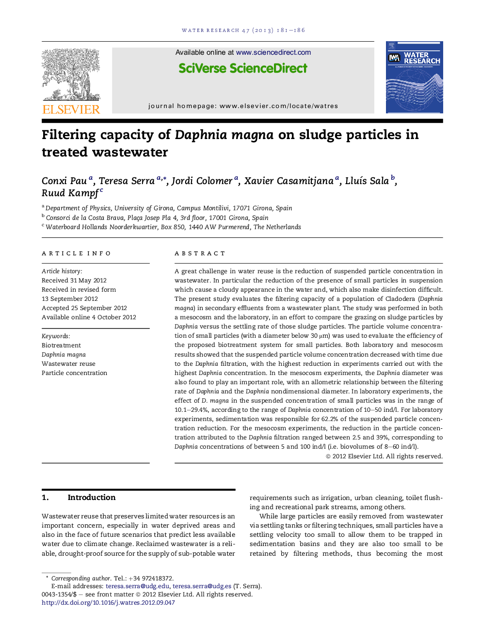 Filtering capacity of Daphnia magna on sludge particles in treated wastewater