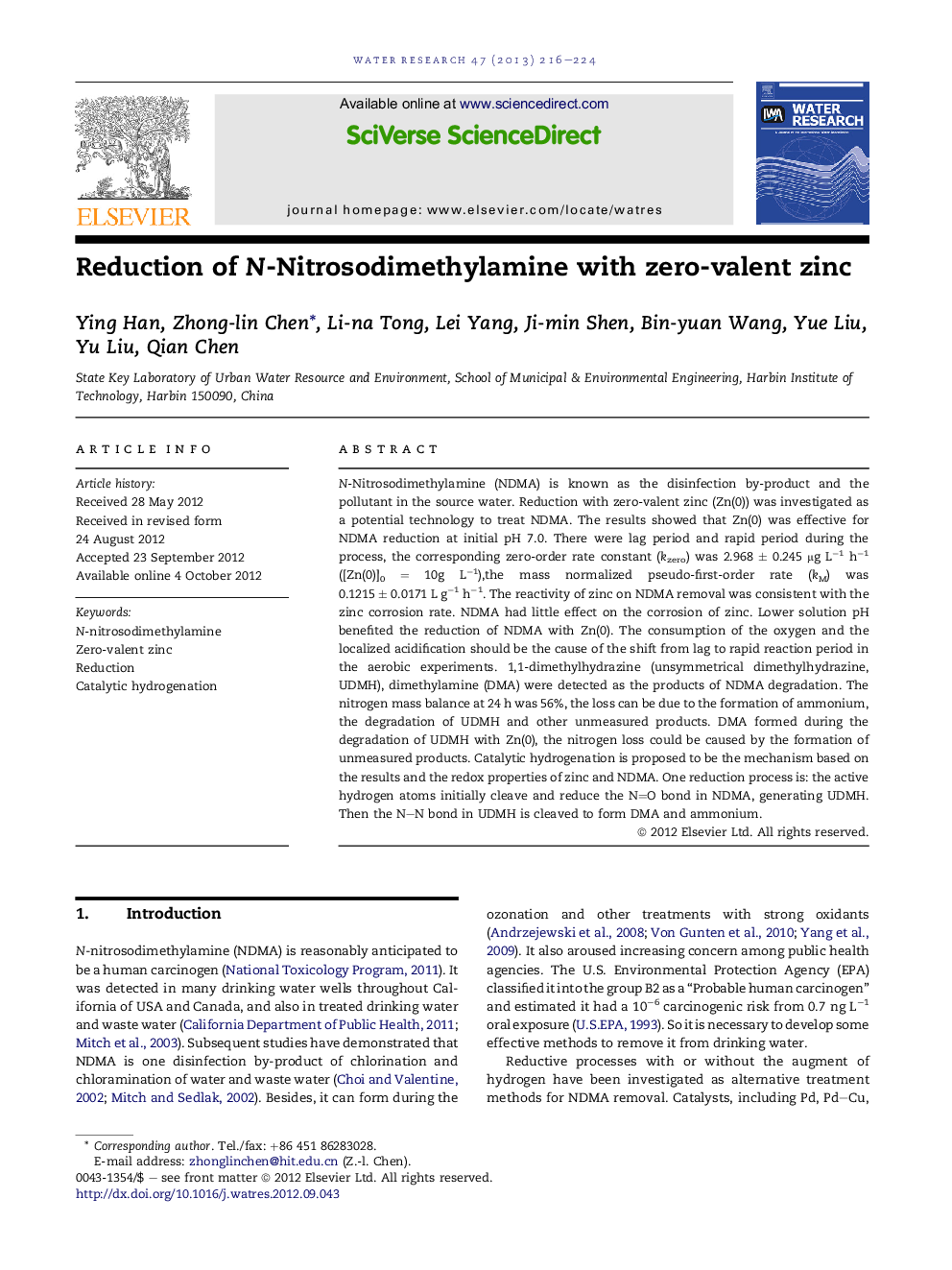 Reduction of N-Nitrosodimethylamine with zero-valent zinc