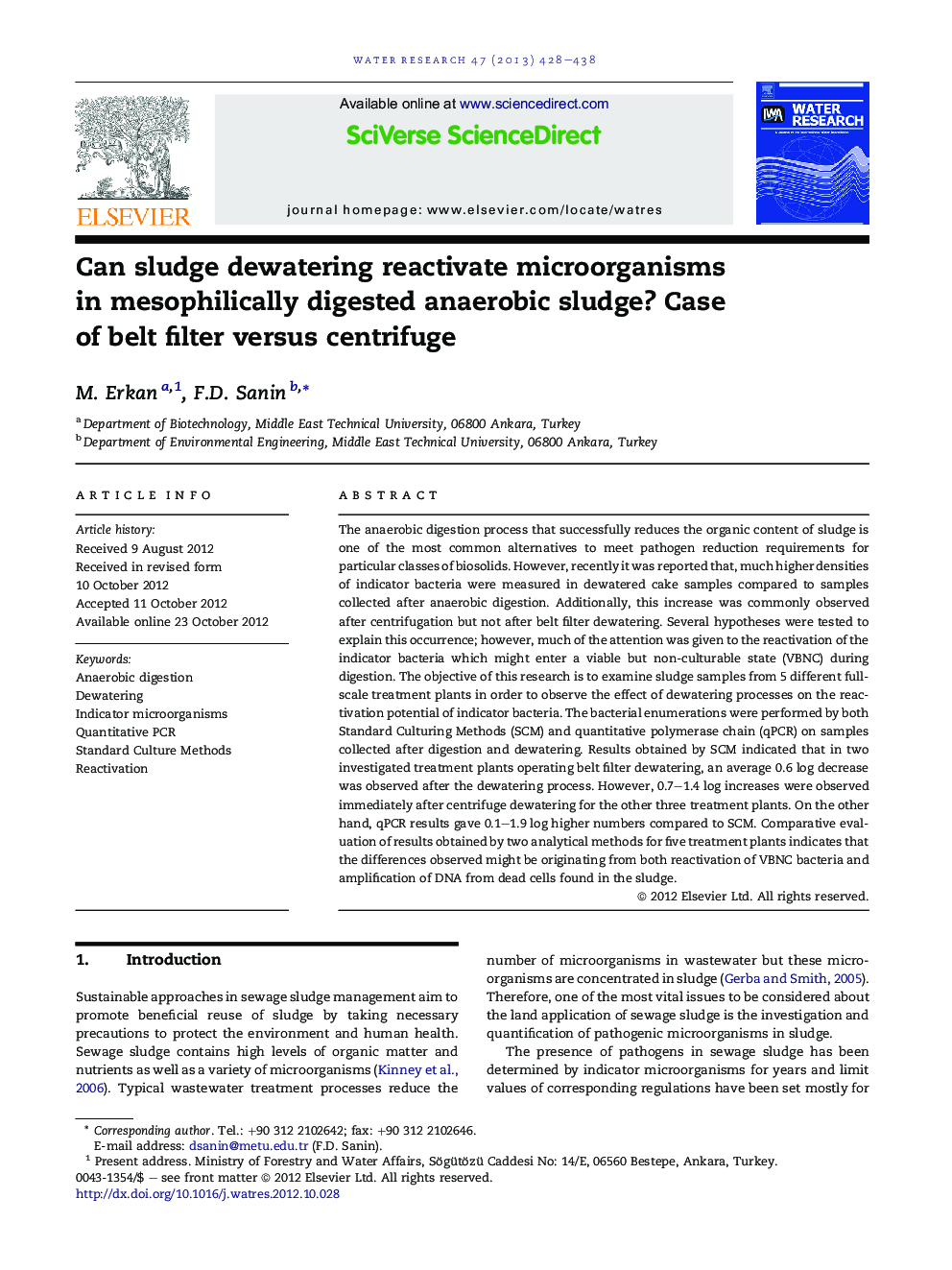 Can sludge dewatering reactivate microorganisms in mesophilically digested anaerobic sludge? Case of belt filter versus centrifuge