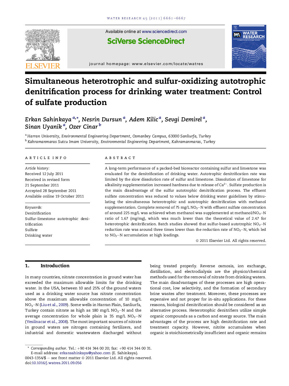 Simultaneous heterotrophic and sulfur-oxidizing autotrophic denitrification process for drinking water treatment: Control of sulfate production