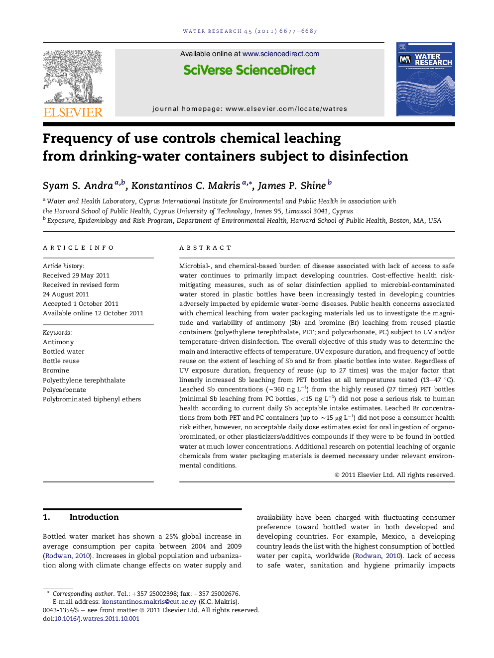 Frequency of use controls chemical leaching from drinking-water containers subject to disinfection