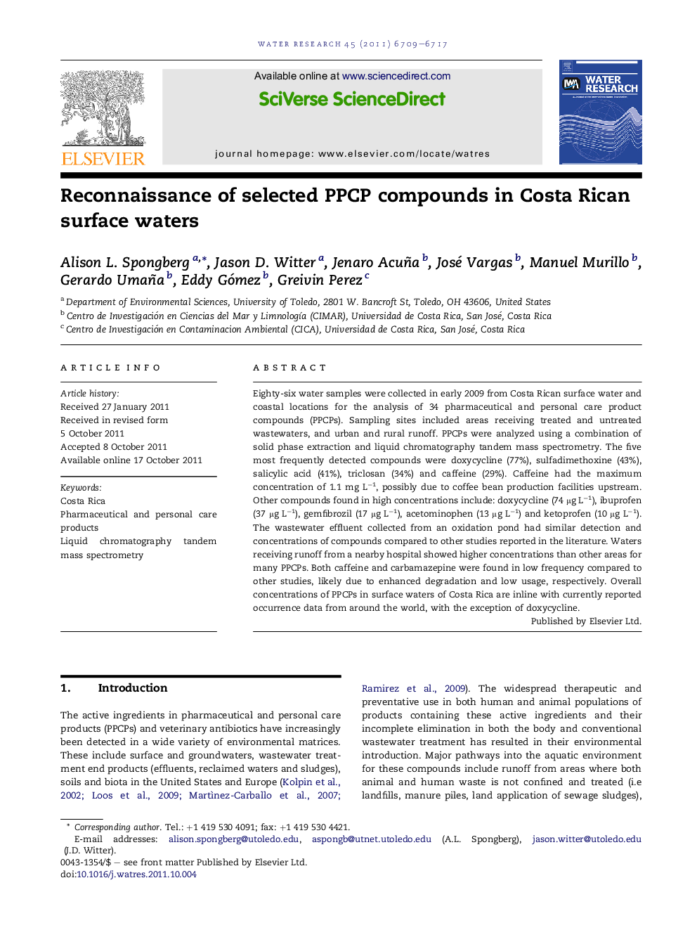 Reconnaissance of selected PPCP compounds in Costa Rican surface waters