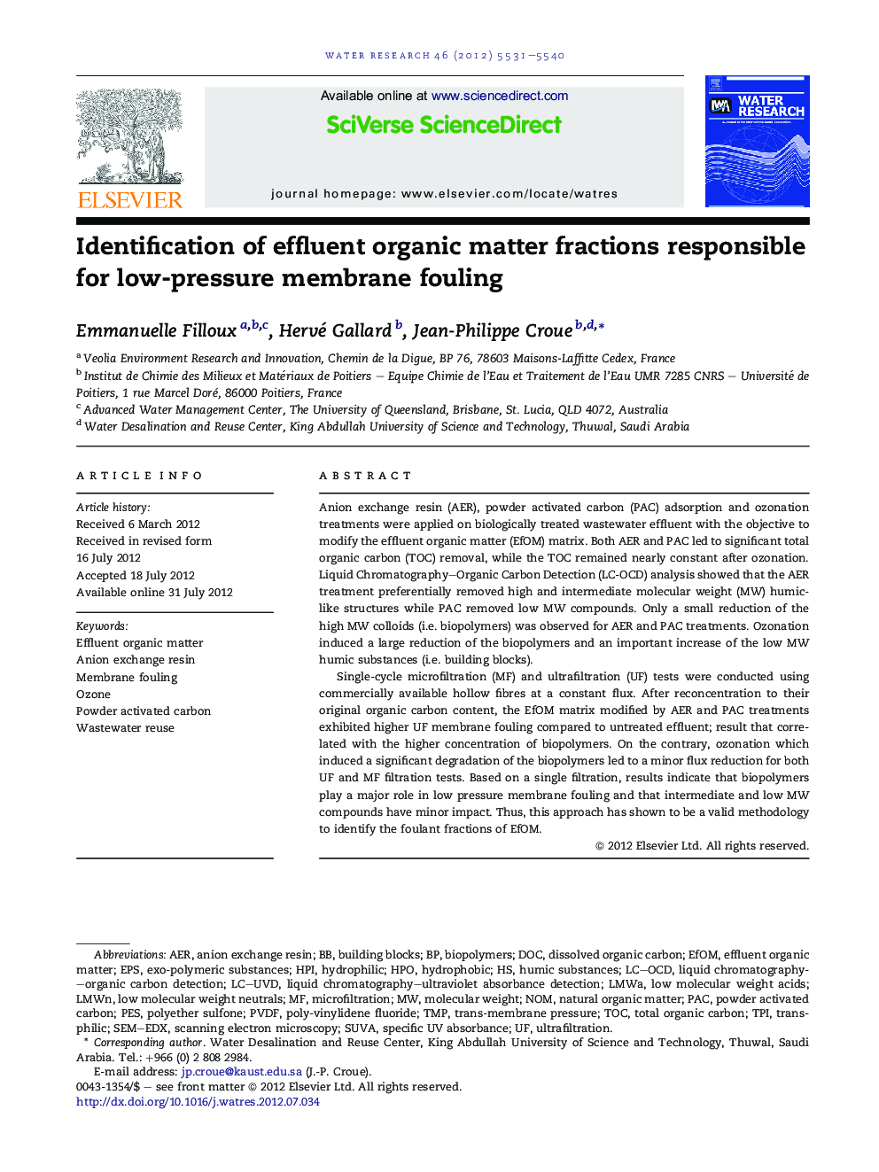 Identification of effluent organic matter fractions responsible for low-pressure membrane fouling