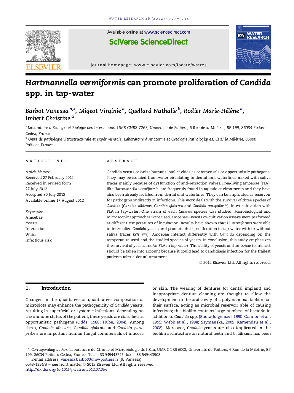 Hartmannella vermiformis can promote proliferation of Candida spp. in tap-water