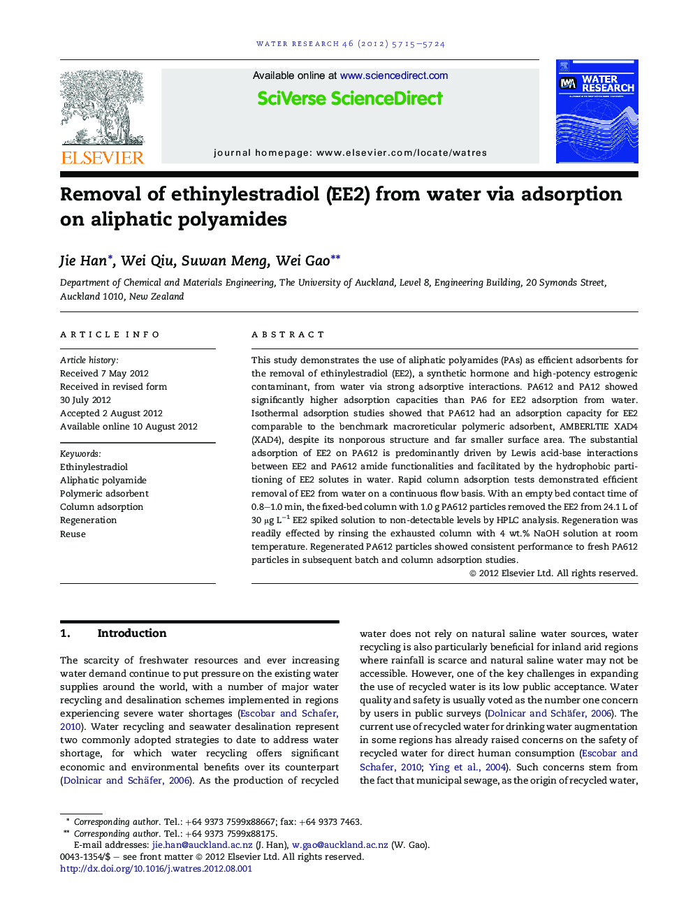Removal of ethinylestradiol (EE2) from water via adsorption on aliphatic polyamides