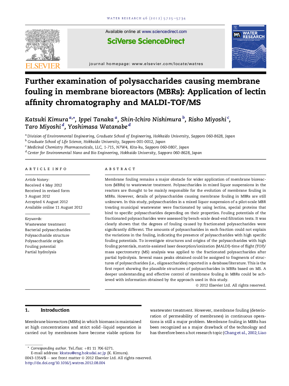 Further examination of polysaccharides causing membrane fouling in membrane bioreactors (MBRs): Application of lectin affinity chromatography and MALDI-TOF/MS