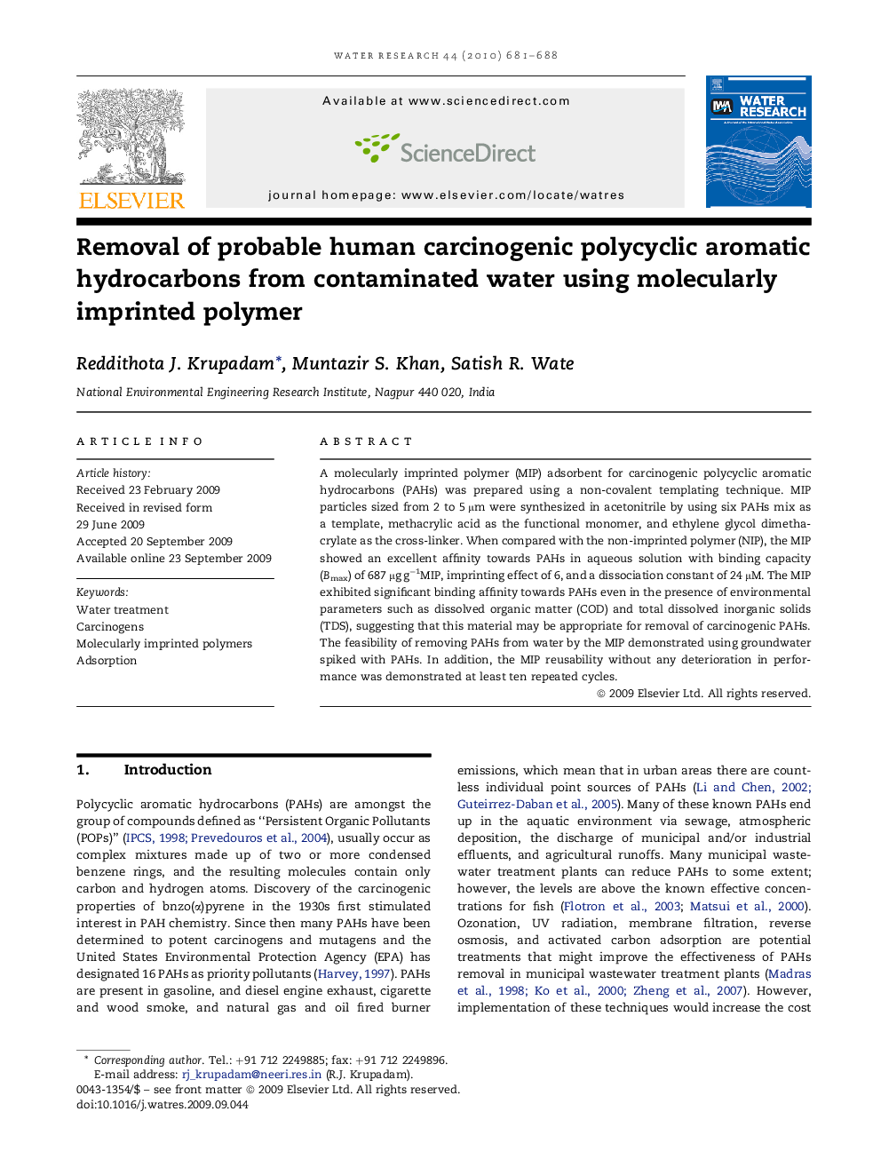 Removal of probable human carcinogenic polycyclic aromatic hydrocarbons from contaminated water using molecularly imprinted polymer