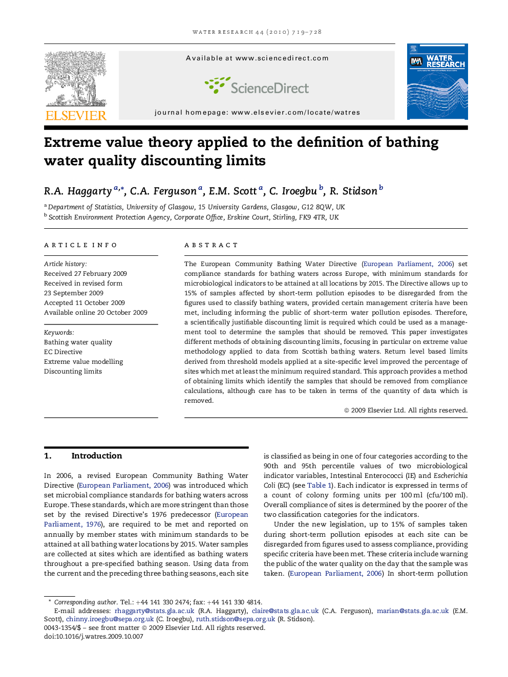 Extreme value theory applied to the definition of bathing water quality discounting limits