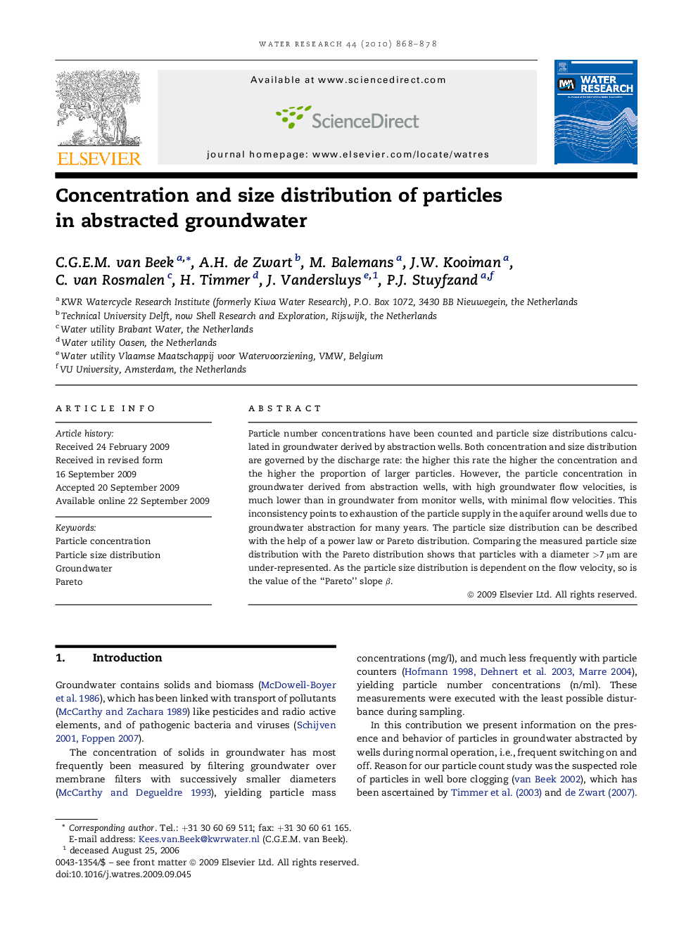 Concentration and size distribution of particles inÂ abstracted groundwater