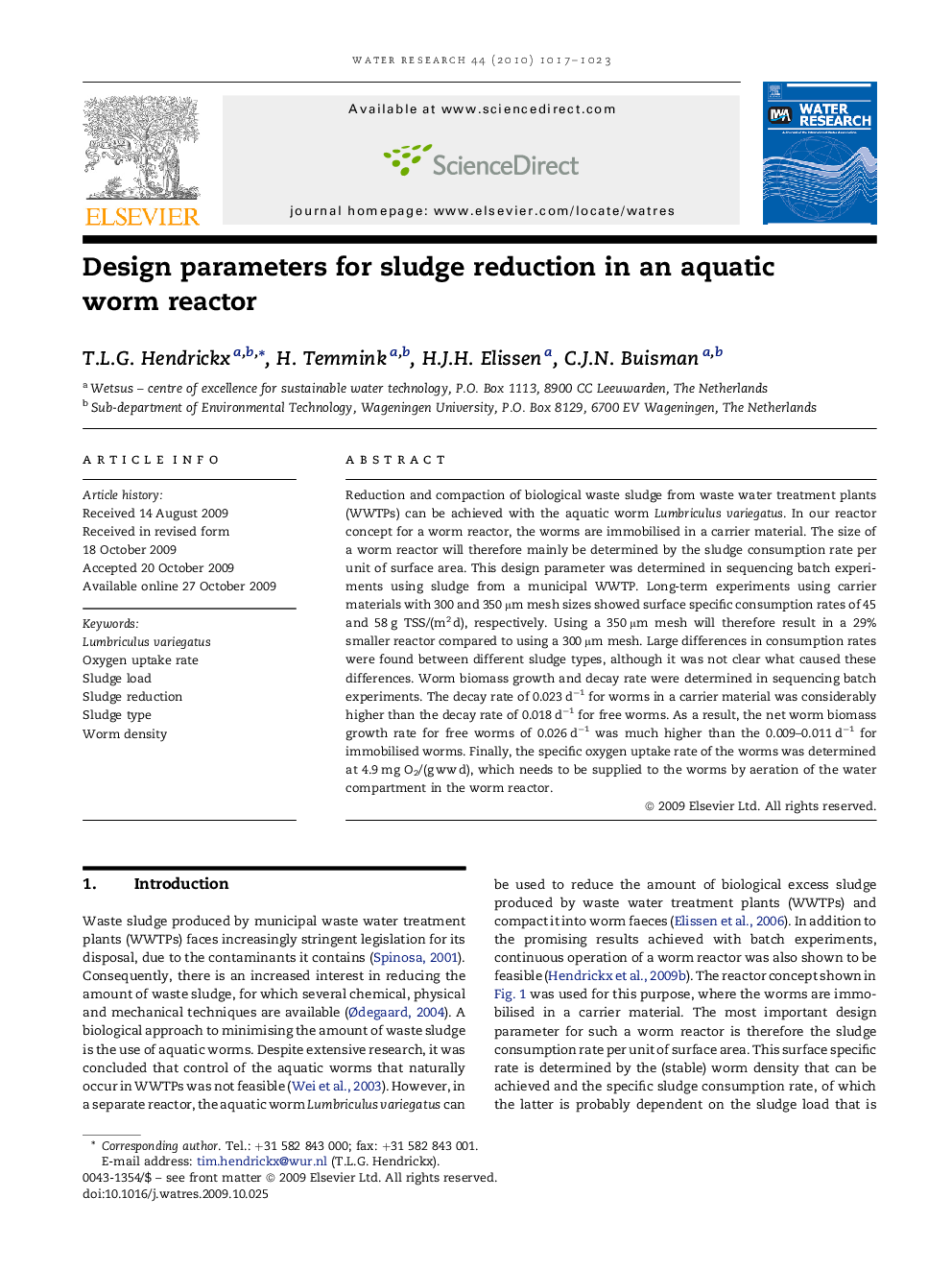 Design parameters for sludge reduction in an aquatic worm reactor