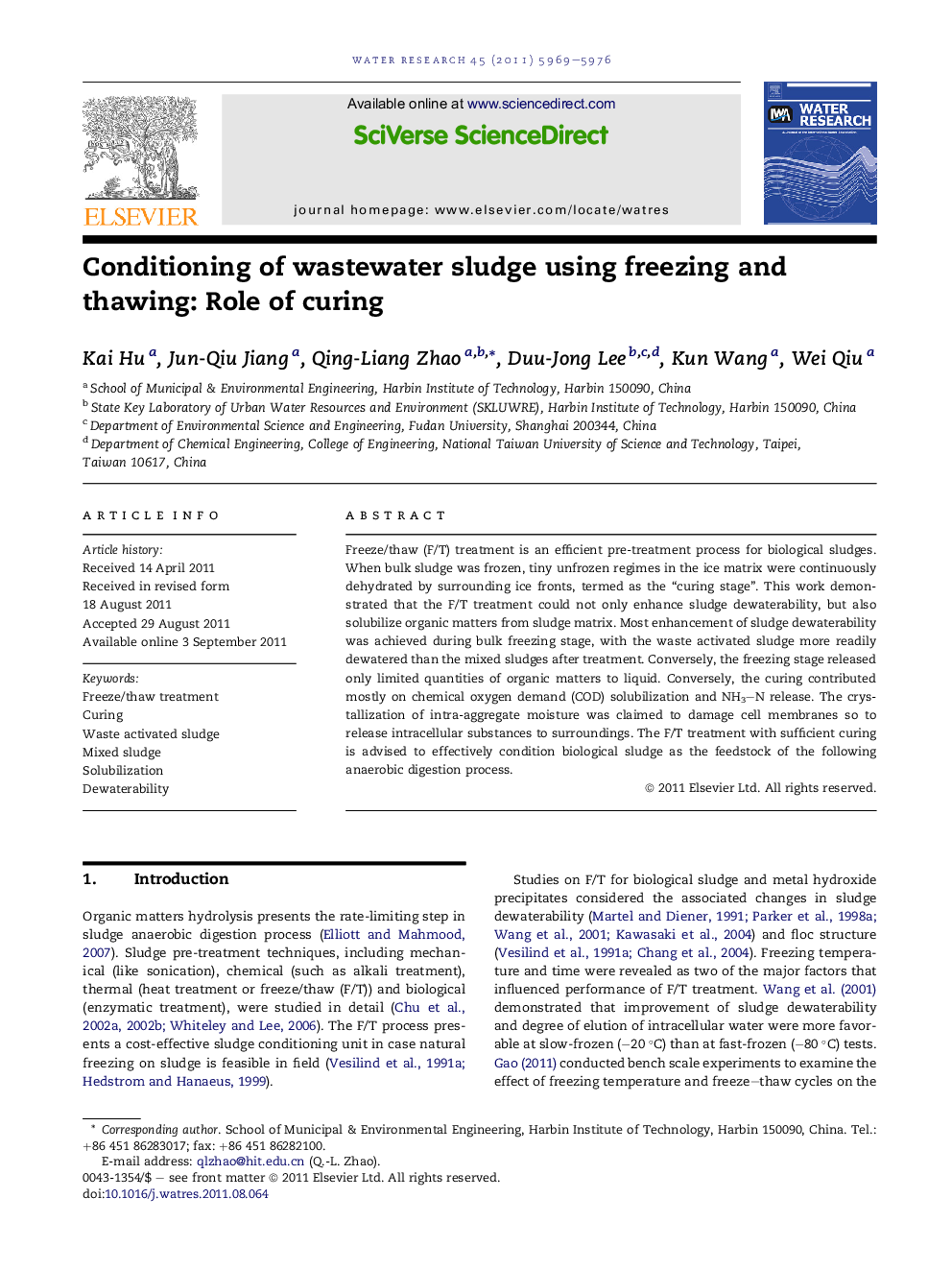 Conditioning of wastewater sludge using freezing and thawing: Role of curing