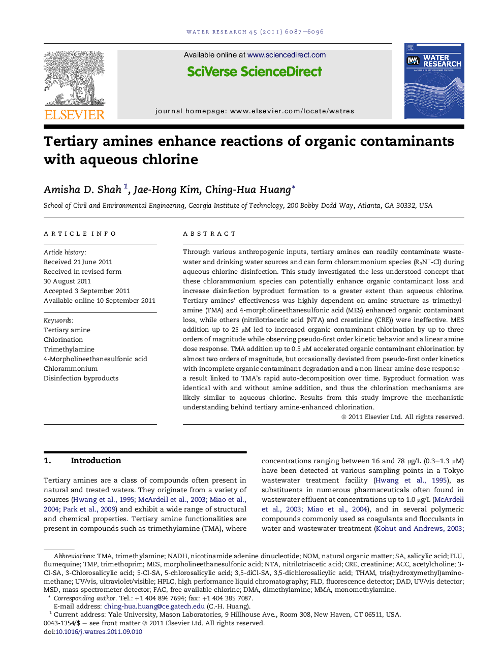 Tertiary amines enhance reactions of organic contaminants with aqueous chlorine