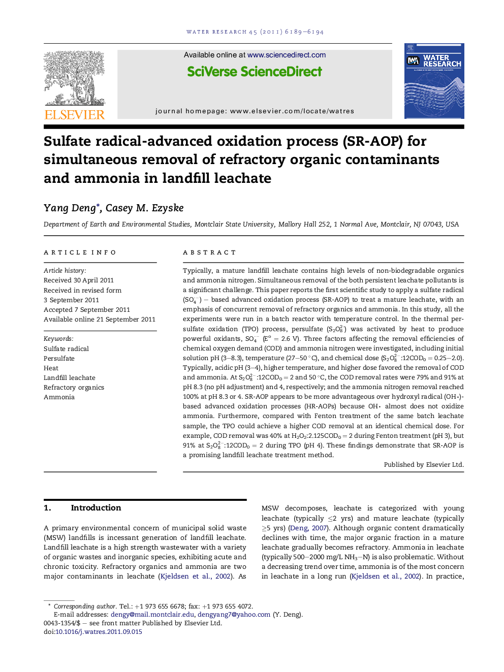 Sulfate radical-advanced oxidation process (SR-AOP) for simultaneous removal of refractory organic contaminants and ammonia in landfill leachate