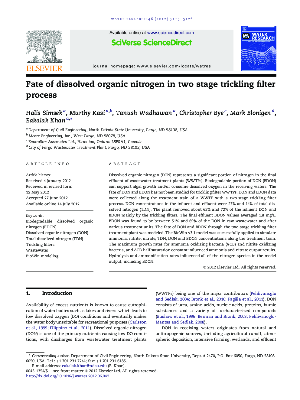 Fate of dissolved organic nitrogen in two stage trickling filter process