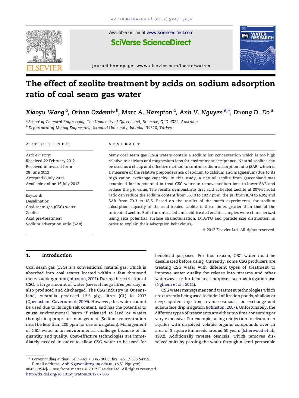 The effect of zeolite treatment by acids on sodium adsorption ratio of coal seam gas water