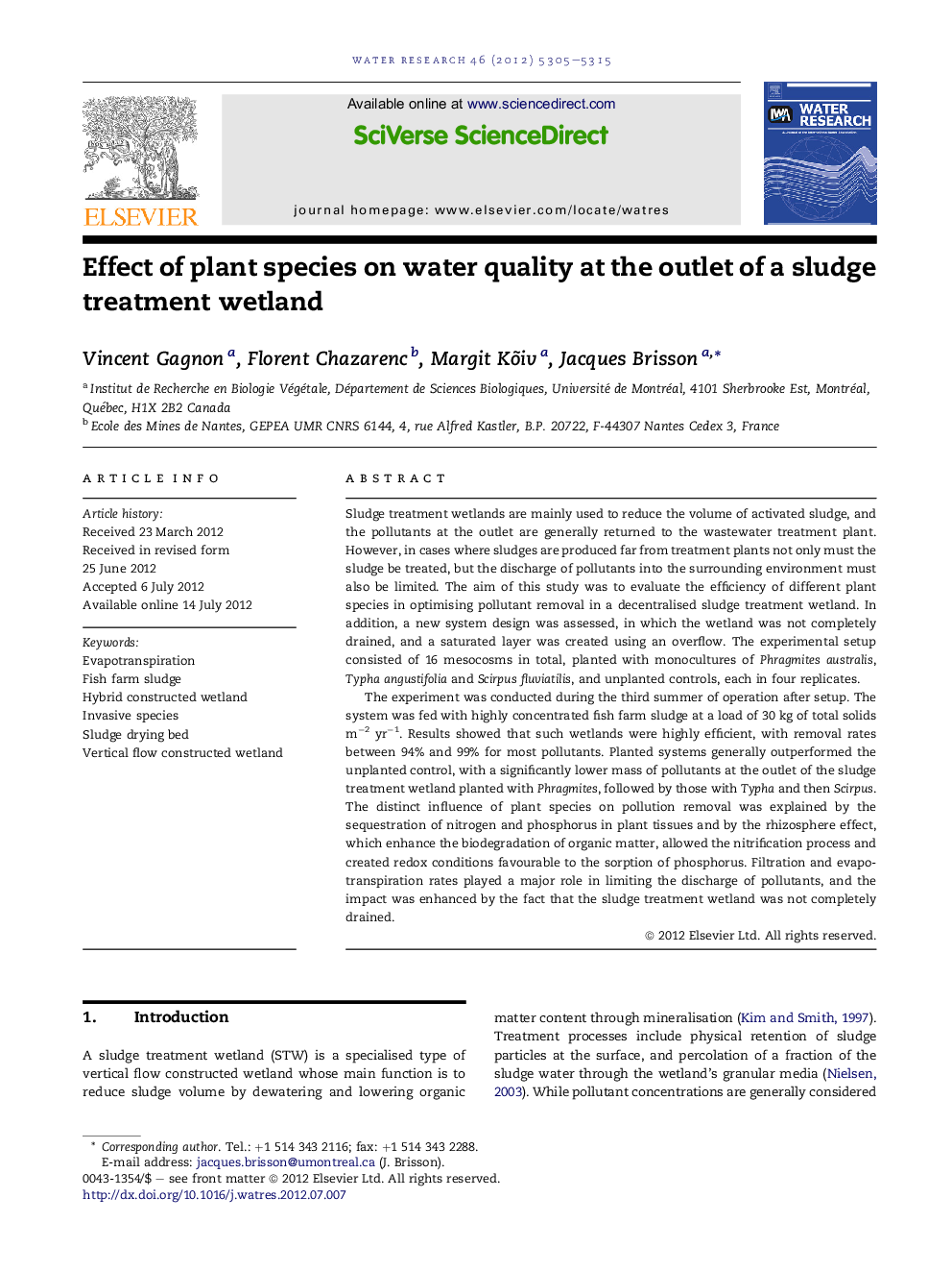 Effect of plant species on water quality at the outlet of a sludge treatment wetland