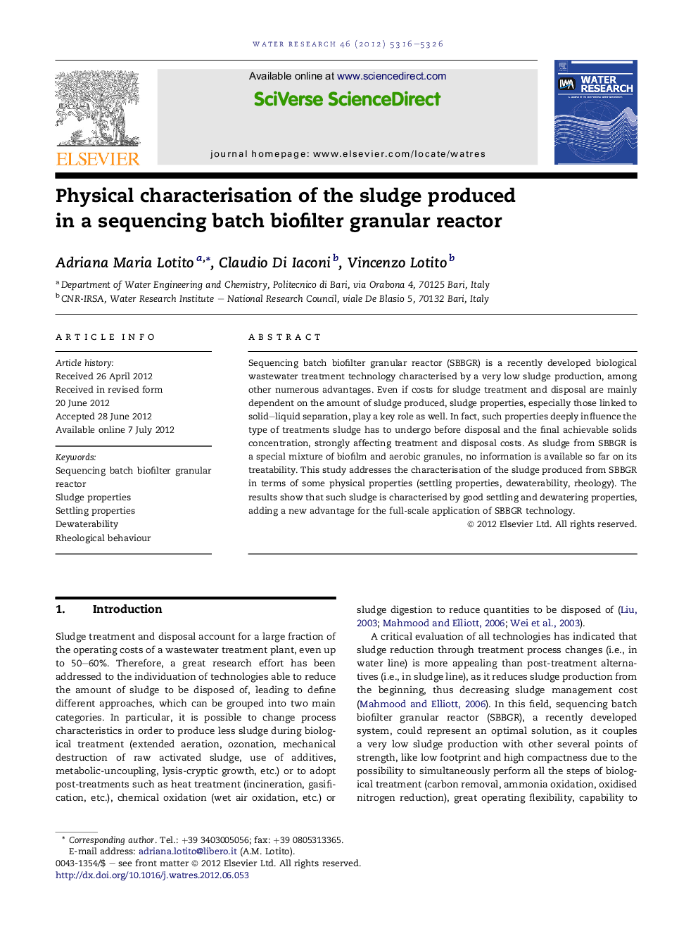 Physical characterisation of the sludge produced in a sequencing batch biofilter granular reactor