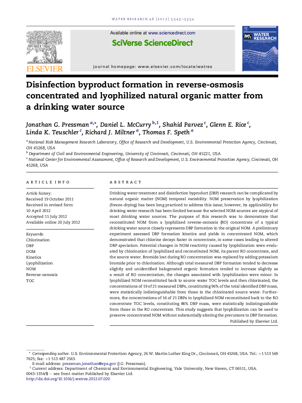 Disinfection byproduct formation in reverse-osmosis concentrated and lyophilized natural organic matter from a drinking water source