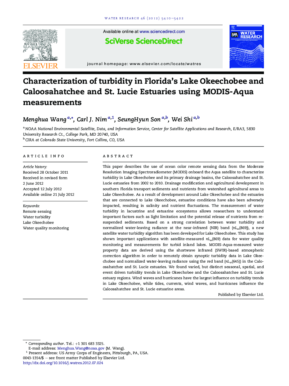 Characterization of turbidity in Florida's Lake Okeechobee and Caloosahatchee and St. Lucie Estuaries using MODIS-Aqua measurements