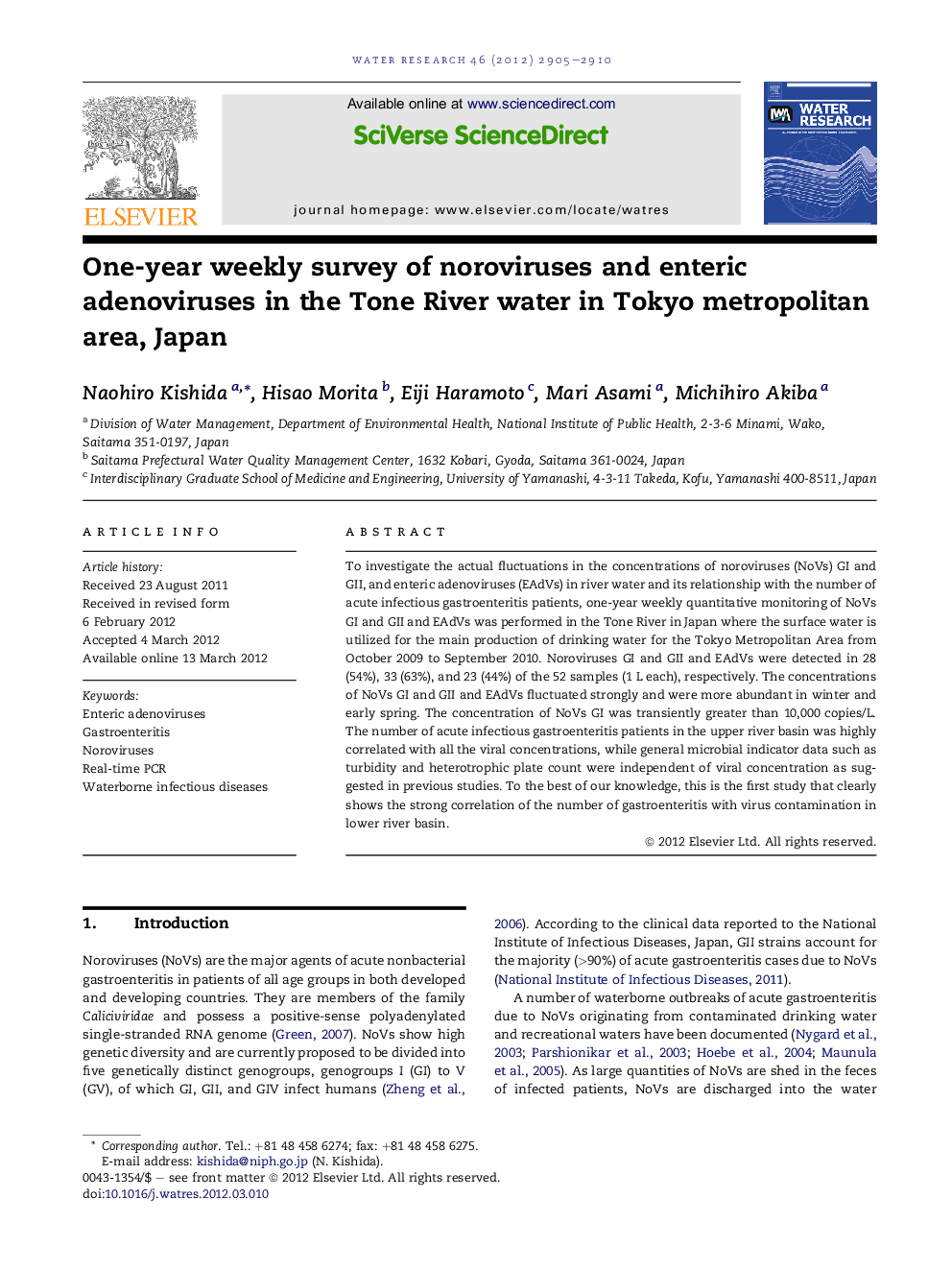 One-year weekly survey of noroviruses and enteric adenoviruses in the Tone River water in Tokyo metropolitan area, Japan