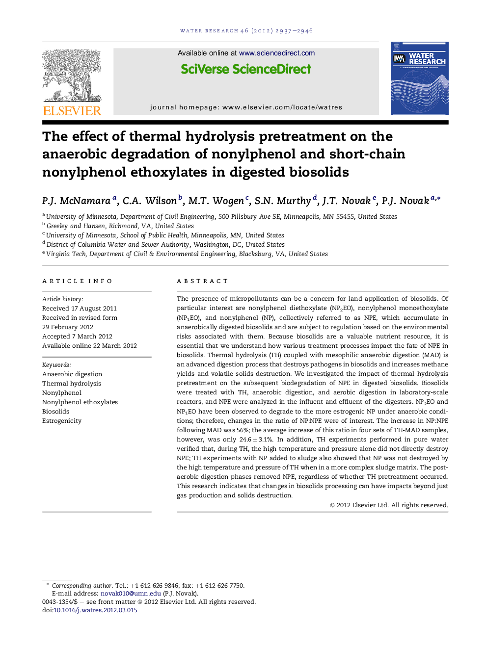 عکس صفحه اول مقاله: The effect of thermal hydrolysis pretreatment on the anaerobic degradation of nonylphenol and short-chain nonylphenol ethoxylates in digested biosolids The effect of thermal hydrolysis pretreatment on the anaerobic degradation of nonylphenol and short-chain nonylphenol ethoxylates in digested biosolids