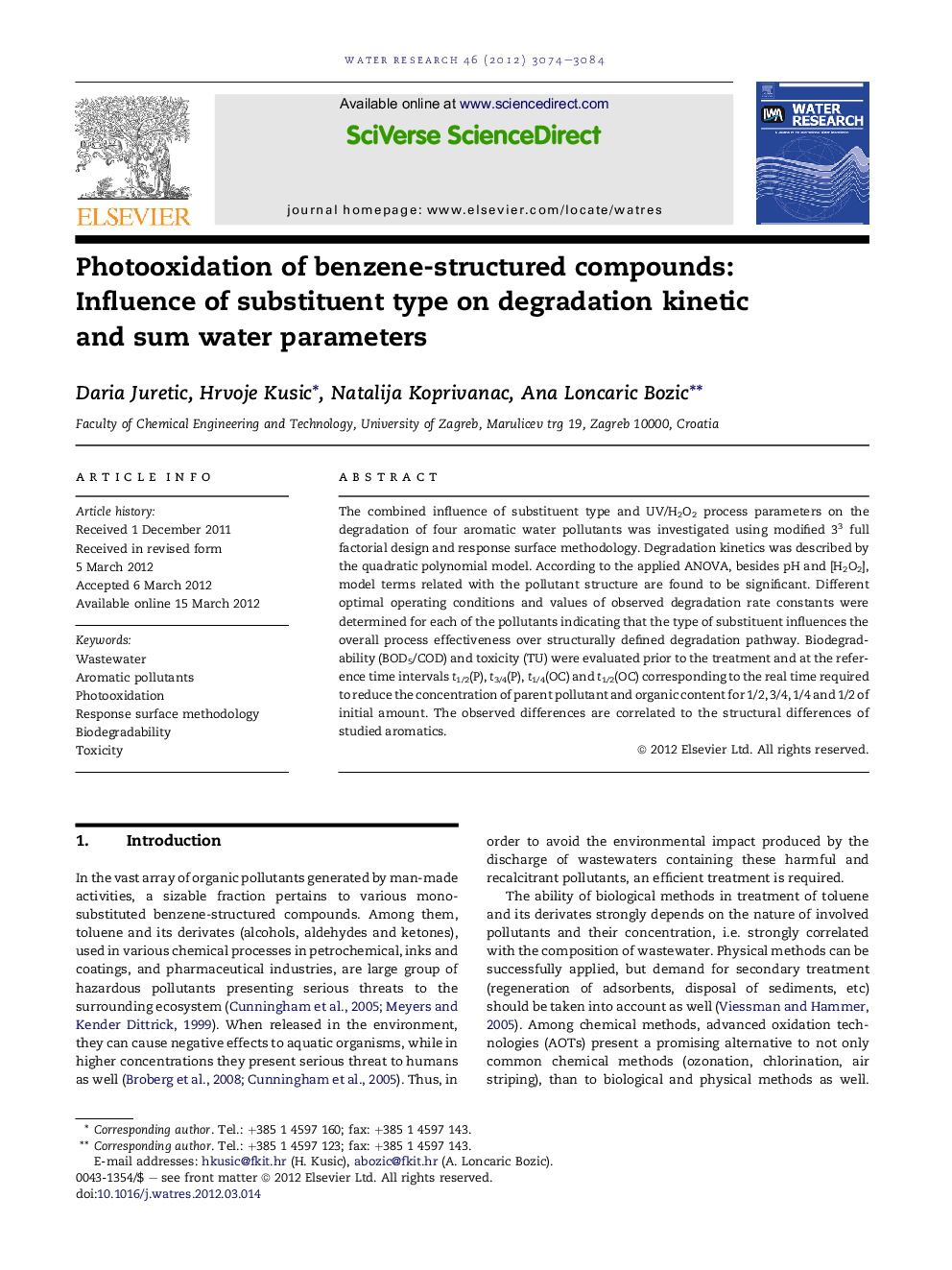 Photooxidation of benzene-structured compounds: Influence of substituent type on degradation kinetic and sum water parameters