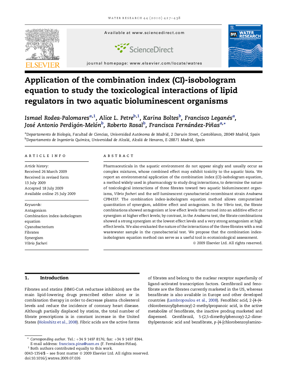 Application of the combination index (CI)-isobologram equation to study the toxicological interactions of lipid regulators in two aquatic bioluminescent organisms