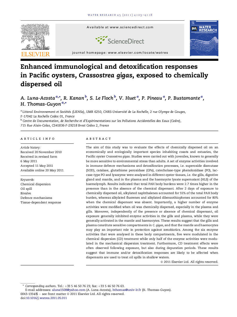 Enhanced immunological and detoxification responses in Pacific oysters, Crassostrea gigas, exposed to chemically dispersed oil