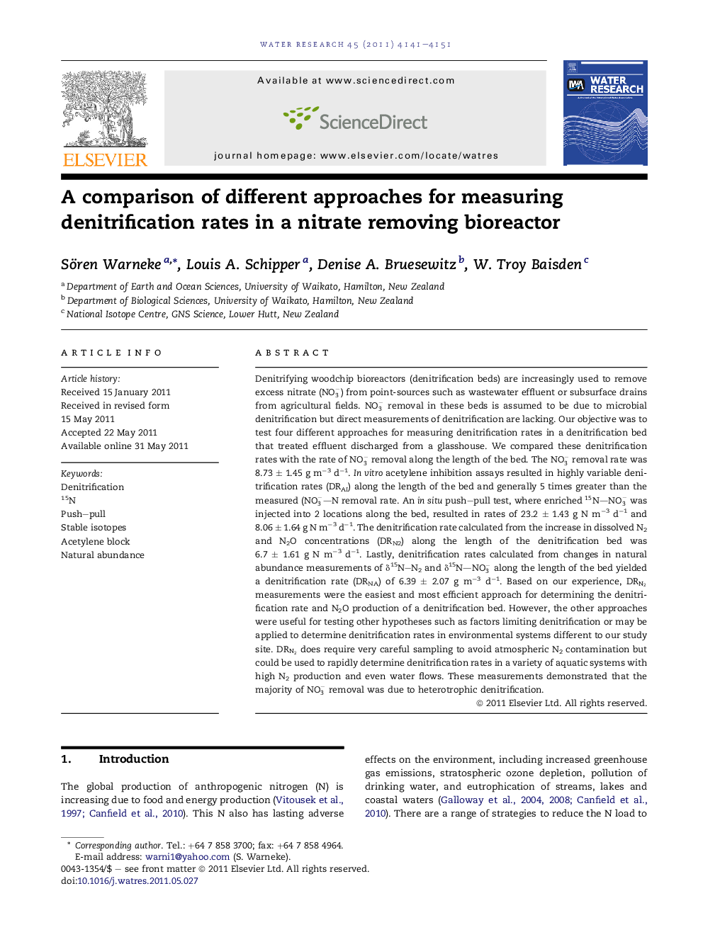 A comparison of different approaches for measuring denitrification rates in a nitrate removing bioreactor