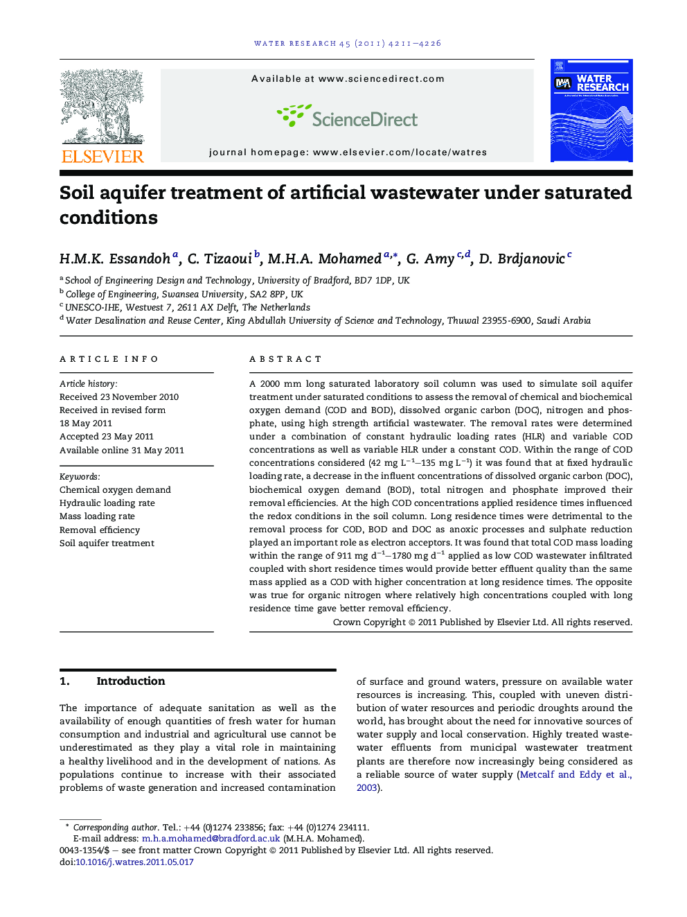 Soil aquifer treatment of artificial wastewater under saturated conditions