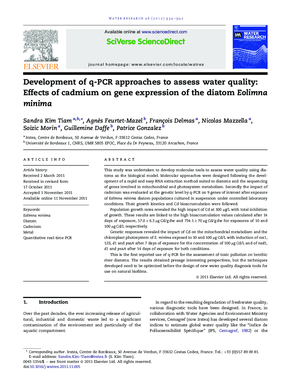 Development of q-PCR approaches to assess water quality: Effects of cadmium on gene expression of the diatom Eolimna minima