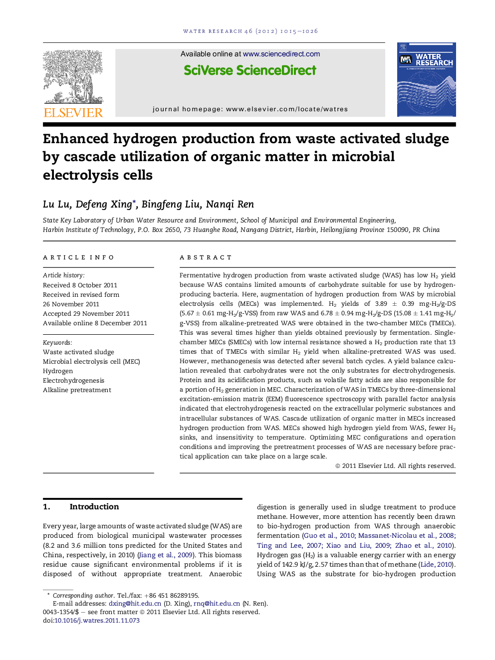 Enhanced hydrogen production from waste activated sludge by cascade utilization of organic matter in microbial electrolysis cells