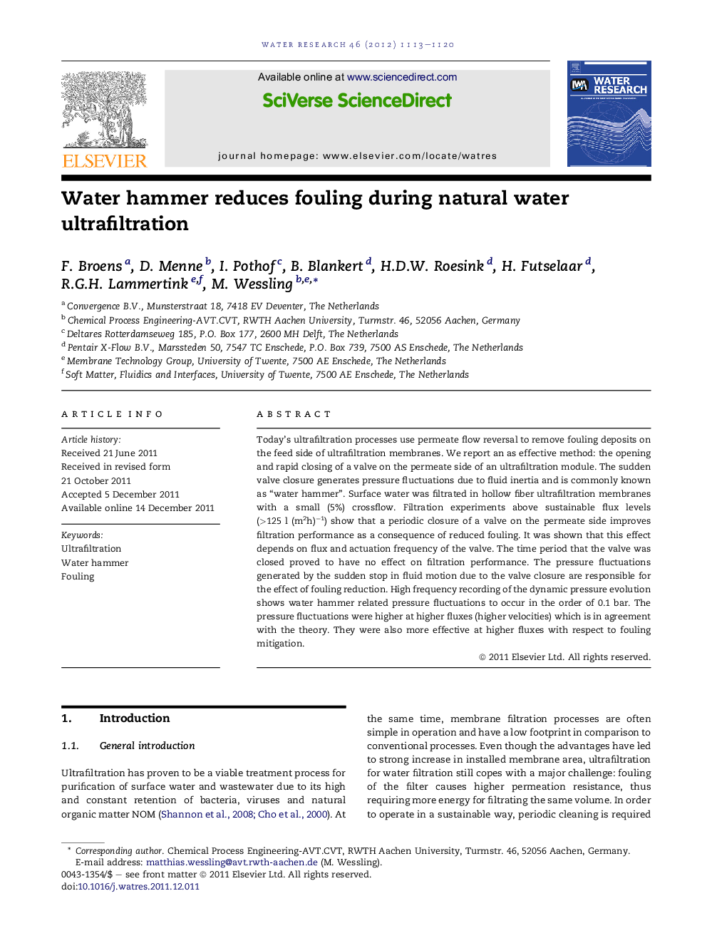 Water hammer reduces fouling during natural water ultrafiltration