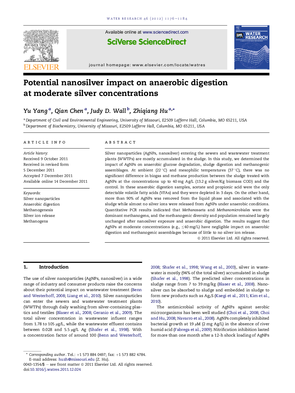 Potential nanosilver impact on anaerobic digestion at moderate silver concentrations