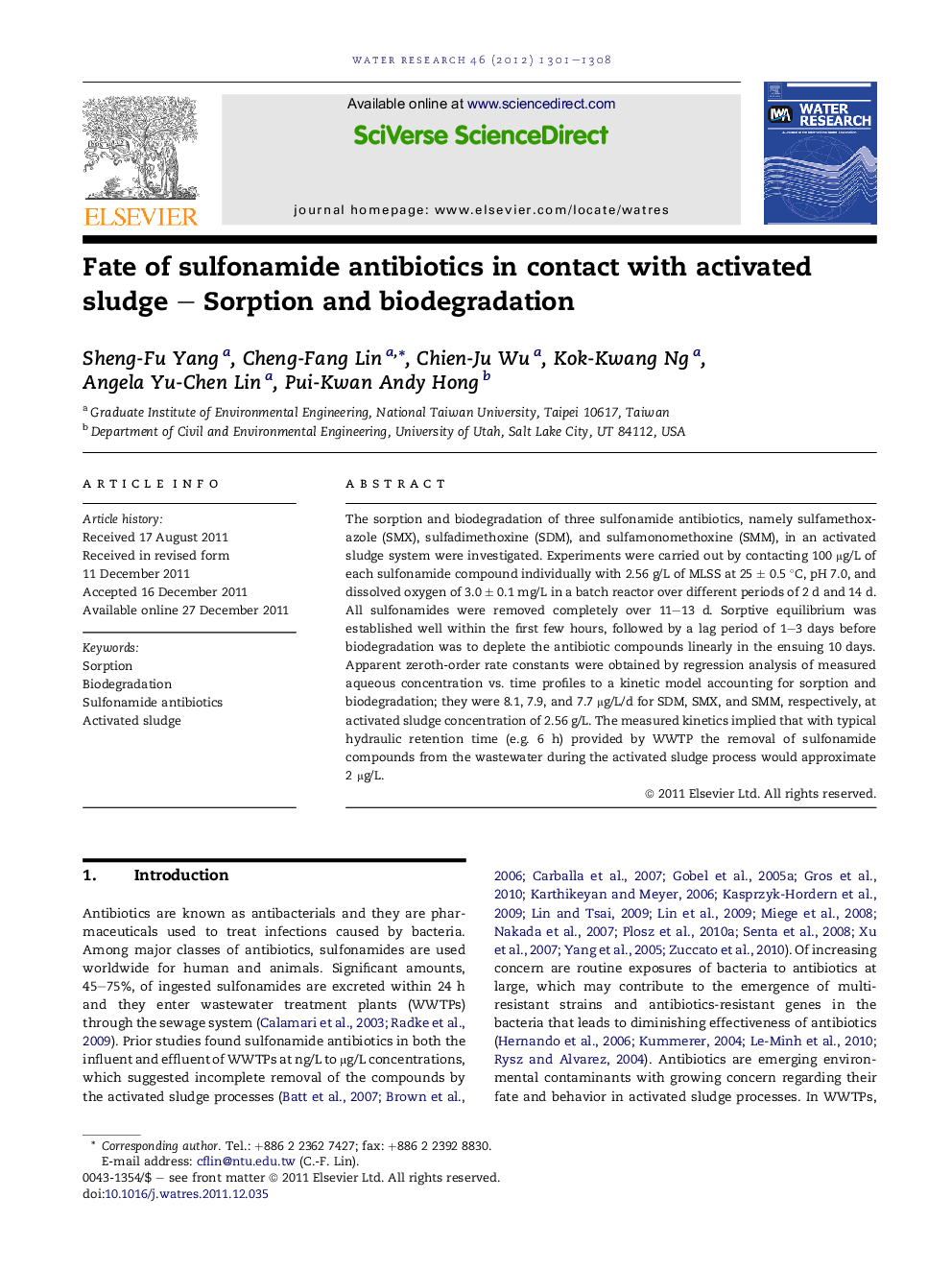 Fate of sulfonamide antibiotics in contact with activated sludge – Sorption and biodegradation