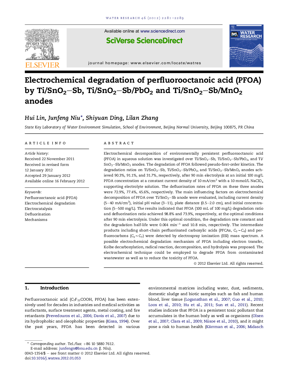 Electrochemical degradation of perfluorooctanoic acid (PFOA) by Ti/SnO2–Sb, Ti/SnO2–Sb/PbO2 and Ti/SnO2–Sb/MnO2 anodes